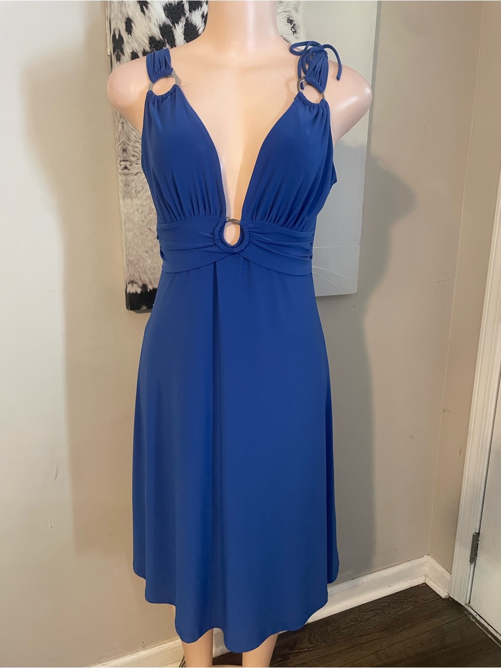 Vintage exotic Ring-Detail deep V-Neck plung  Women’s Dress Aline cobalt Large